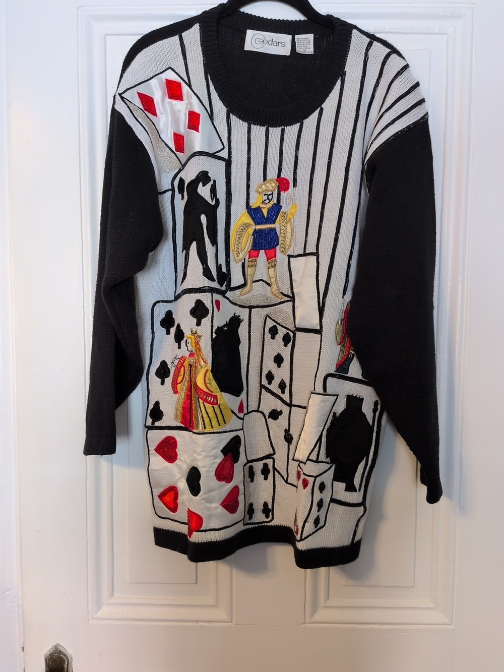 Oversized Embellished Black & White Card Motif Crewneck Sweater